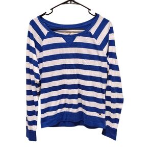 Y2K Hollister Blue and White Striped Cotton Blend Long Sleeve Tee